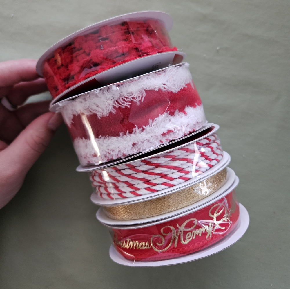 NEW Ashland Christmas Set of 5 Narrow Festive Ribbon Rolls (3 x Wired, 2 x Reg)